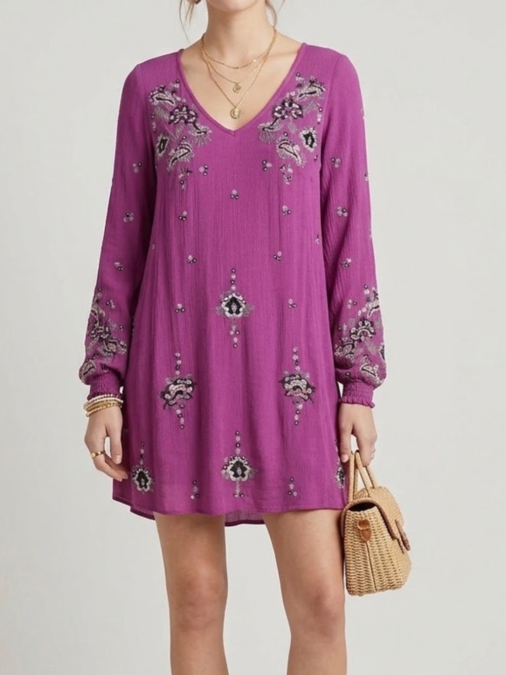 Free People Purple Long Sleeve Embroidered Dress Size Small